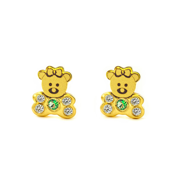 Ohrringe Baby-Mädchen Gelbgold 18K Bär Zirkonia und synthetischer Smaragd matt und glänzend
