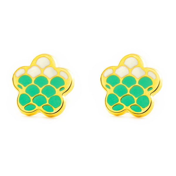 Damen & Kinder Grüne Emaille Blume Ohrringe Gelbgold 9K