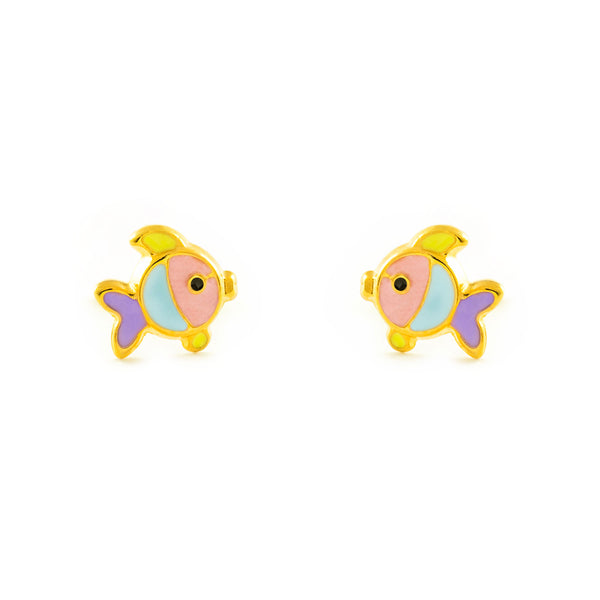 Mehrfarbige Emaille Fisch Kinder Baby Mädchen Ohrringe Gelbgold 9K