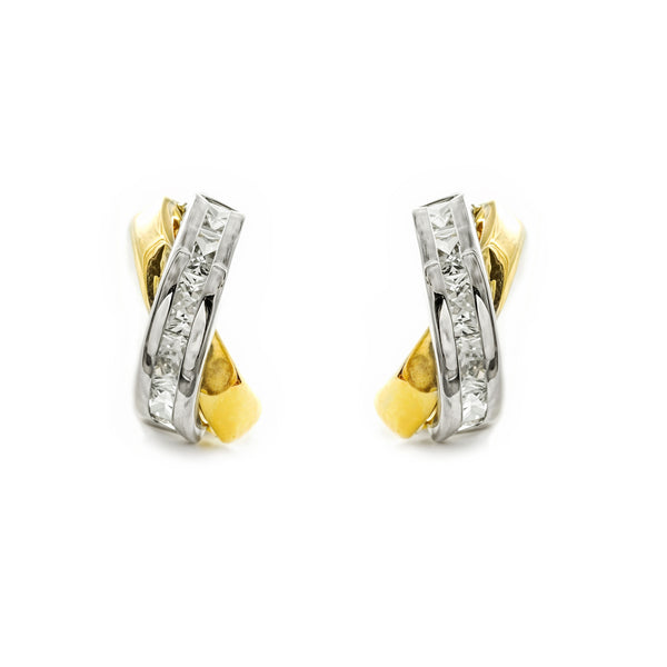 Pendientes Mujer oro Bicolor 9K Bandas Piedra Circonita Brillo