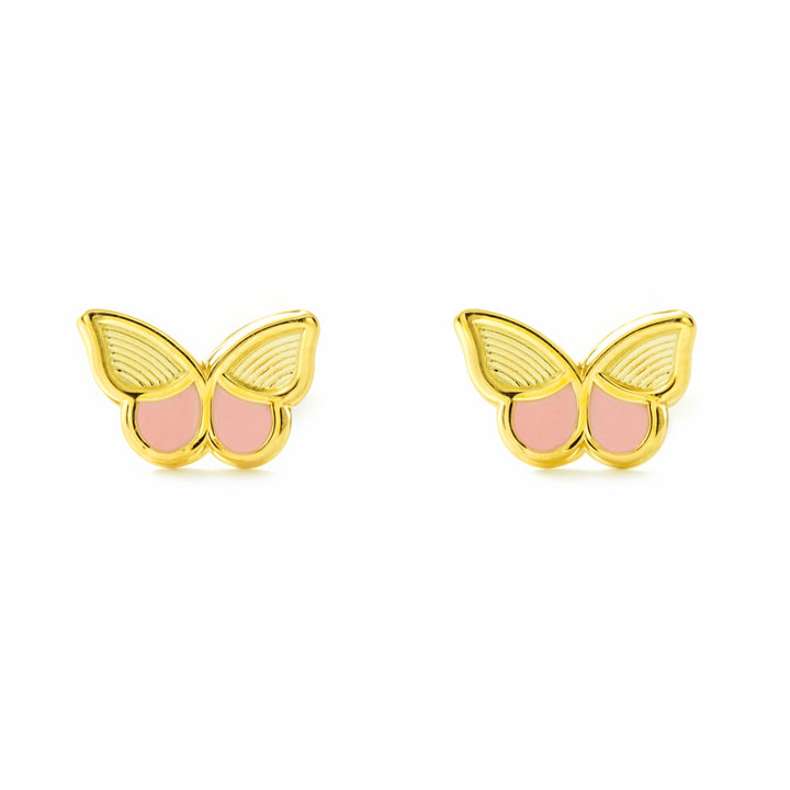Pendientes Niña Mujer oro Amarillo 9K Mariposa Esmalte Rosa Brillo y Textura