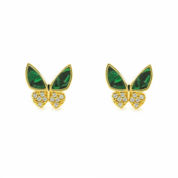 Pendientes Niña Mujer oro Amarillo 9K Mariposa Piedra Malaquita Verde Brillo