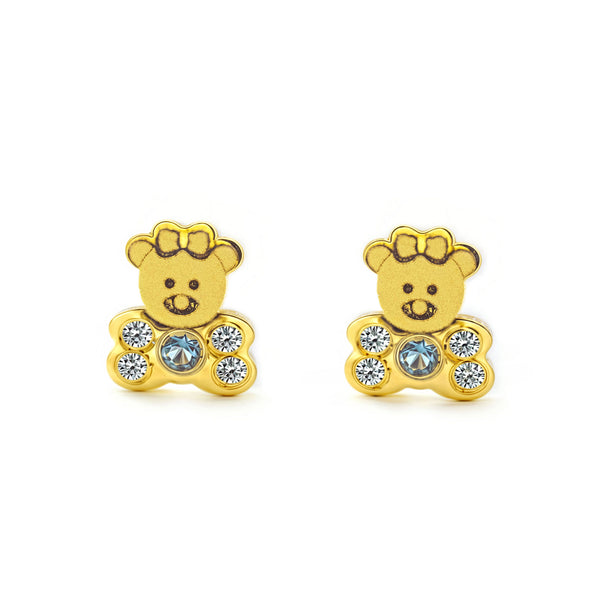 Ohrringe Mädchen Gelbgold 18K Bär Zirkonia und synthetischer Saphir matt und glänzend