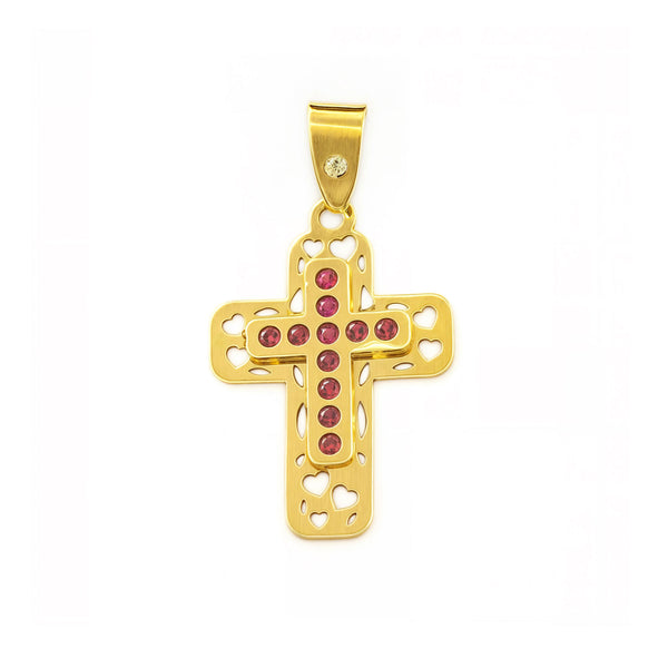 Kreuz Gelbgold 9K Klein Rechteckig Synthetische Rubine Glanz 16 x 11 mm