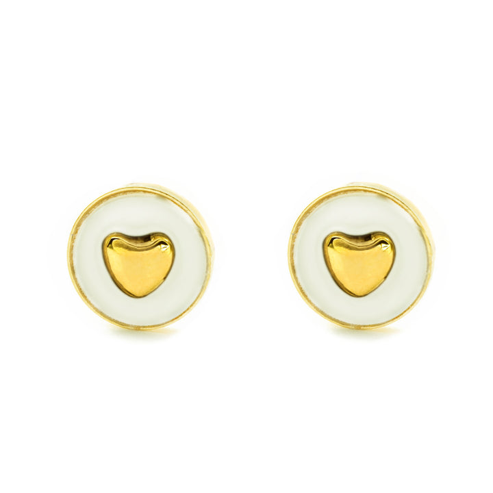 Pendientes Niña oro Amarillo 9K Corazón Nácar Madre Perla Blanco Brillo