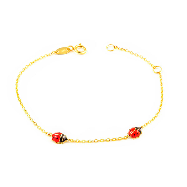 9K Gelbgold Mädchen Kinder Armband roter schwarzer Marienkäfer Emaille 15 cm Glanzlänge 