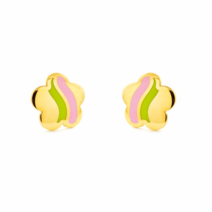 Pendientes Niña oro Amarillo 9K Flor Esmalte Multicolor Brillo