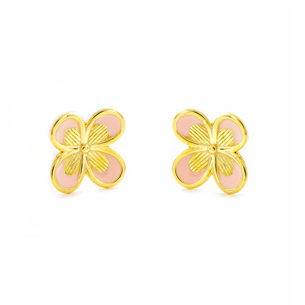 Pendientes Niña Mujer oro Amarillo 9K Cuatrebol Esmalte Rosa Brillo y Textura