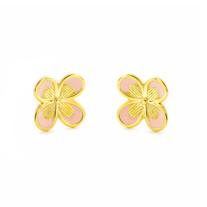 Pendientes Niña Mujer oro Amarillo 9K Cuatrebol Esmalte Rosa Brillo y Textura
