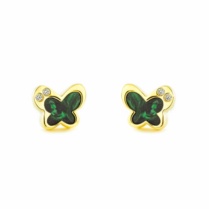 Pendientes Niña oro Amarillo 9K Mariposa Piedra Malaquita Verde Brillo