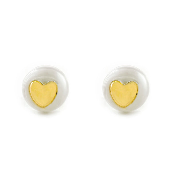 Pendientes Niña oro Amarillo 9K Corazón Perla Natural Botón Brillo