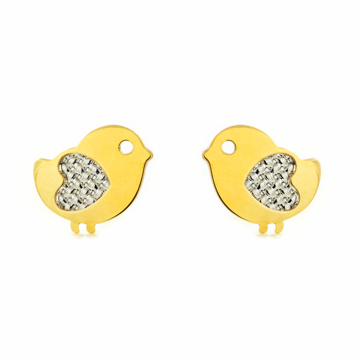Pendientes Niña Mujer oro Bicolor 9K Pajaro Brillo y Textura