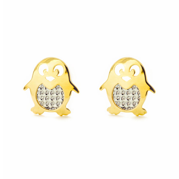 Pendientes Niña Mujer oro Bicolor 9K Pingüino Brillo y Textura