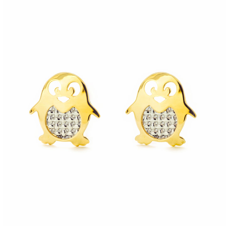 Pendientes Niña Mujer oro Bicolor 9K Pingüino Brillo y Textura