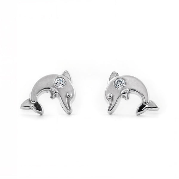 Delfin Zirkon Kinder Mädchen Ohrringe Weißgold 9K