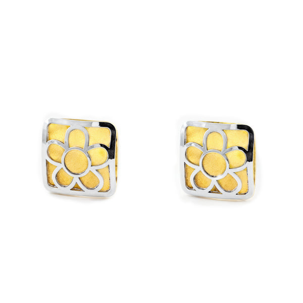 Quadrat Kinder Mädchen matt und glänzend Ohrringe 18K two color Gold