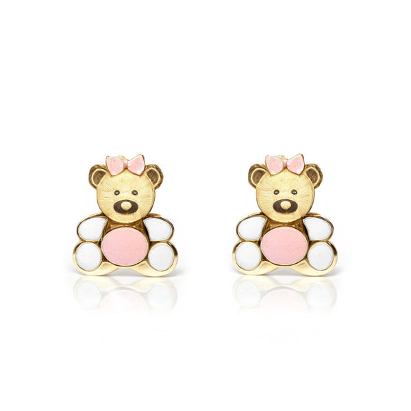 Rosa-Weiße Emaille Bär Kinder Mädchen Ohrringe Gelbgold 18K
