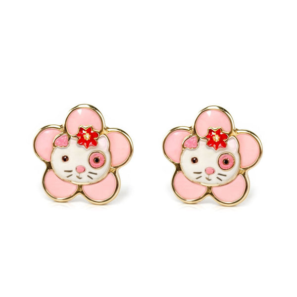 Mehrfarbige Emaille Katze Kinder Mädchen Ohrringe Gelbgold 18K