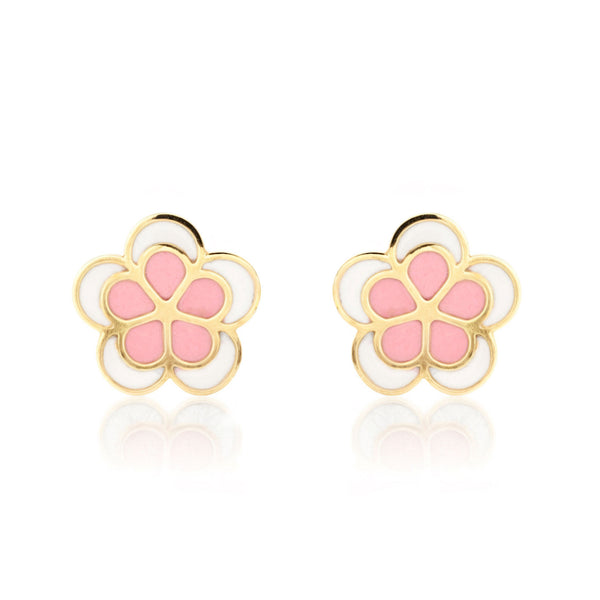 Rosa-Weiße Emaille Gänseblümchen Kinder Mädchen Ohrringe Gelbgold 9K
