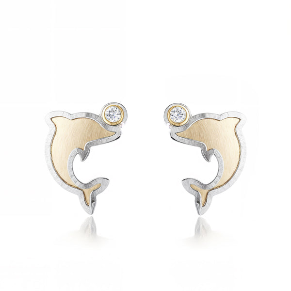 Delfin Zirkon Kinder Mädchen matt und glänzend Ohrringe 18K two color Gold