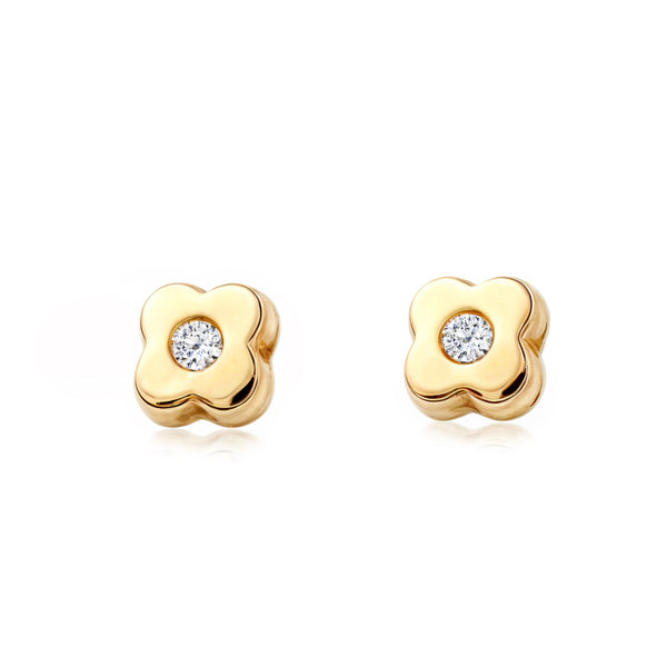 Kinder Baby Kleeblatt Zirkon Ohrringe Gelbgold 9K