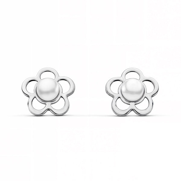 Kinder Baby Blume Perle 2 mm Ohrringe Weißgold 9K