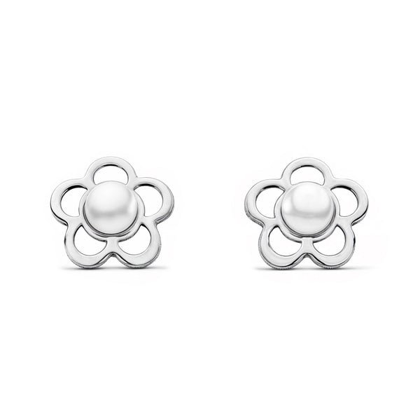 Kinder Baby Blume Perle 2 mm Ohrringe Weißgold 9K