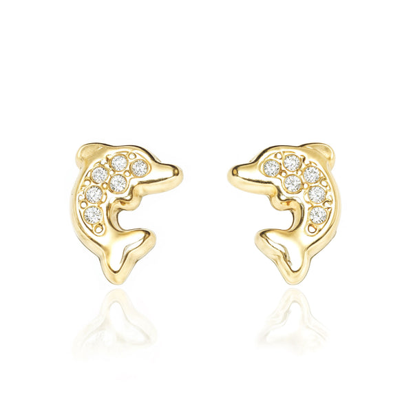 Delfin Zirkon Kinder Mädchen Ohrringe Gelbgold 18K