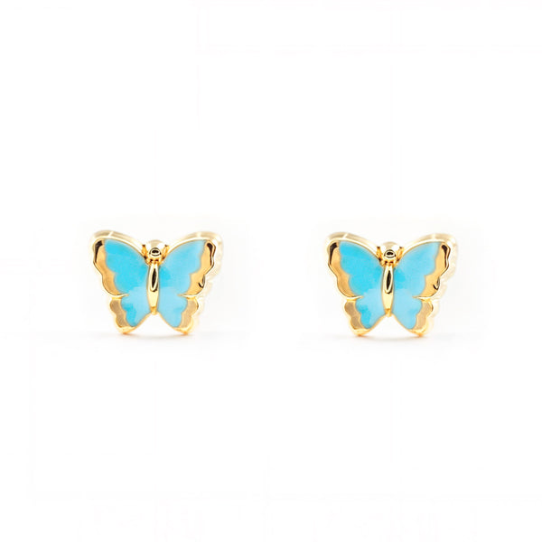 Hellblaue Emaille Schmetterling Kinder Baby Mädchen Ohrringe Gelbgold 9K