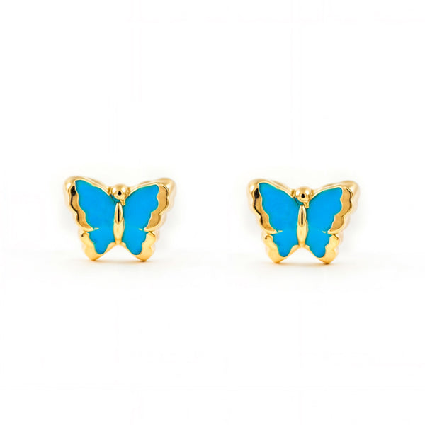 Intensive blaue Emaille Schmetterling Kinder Baby Mädchen Ohrringe Gelbgold 9K
