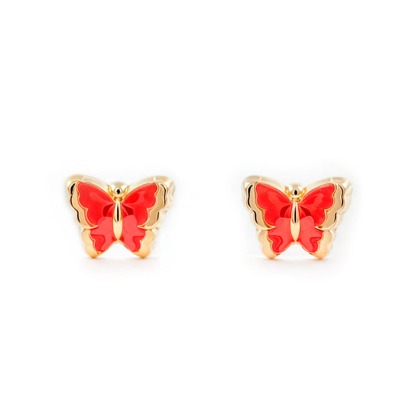 Rote Emaille Schmetterling Kinder Baby Mädchen Ohrringe Gelbgold 9K