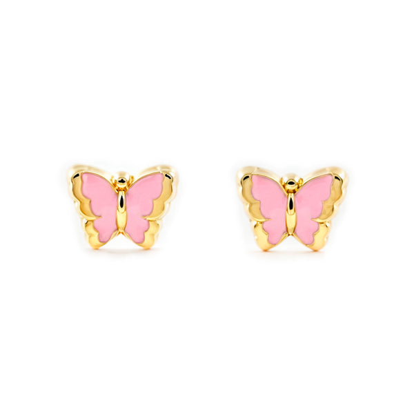 Hellrosa Emaille Schmetterling Kinder Baby Mädchen Ohrringe Gelbgold 18K