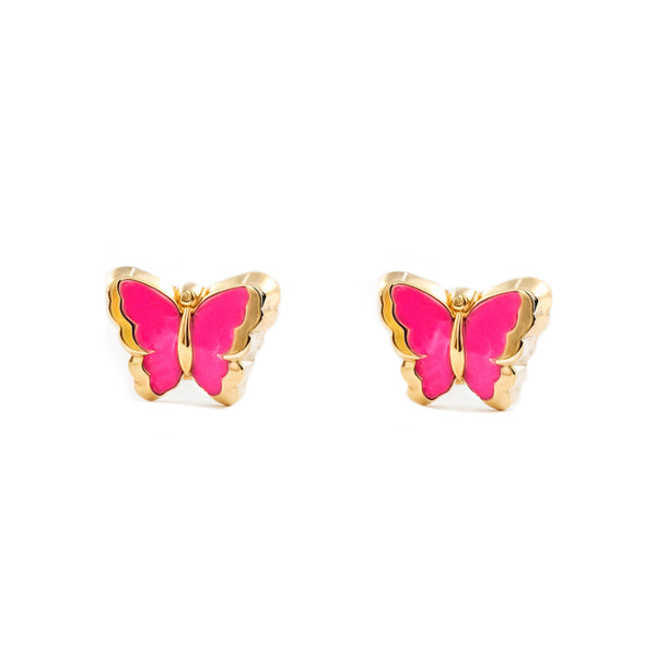 Intensive rosa Emaille Schmetterling Kinder Baby Mädchen Ohrringe Gelbgold 9K