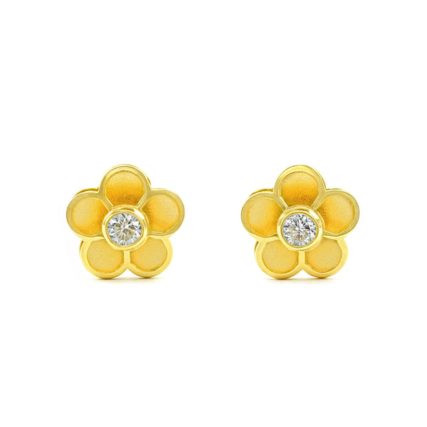 Blume Zirkon Kinder Mädchen matt und glänzend Ohrringe Gelbgold 18K