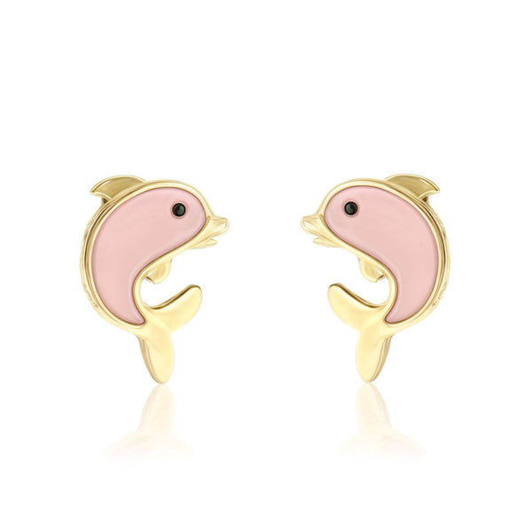 Rosa Emaille Delfin Kinder Mädchen Ohrringe Gelbgold 18K