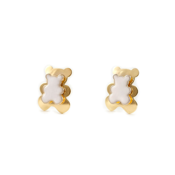 Weiße Emaille Bär Kinder Mädchen Ohrringe Gelbgold 9K