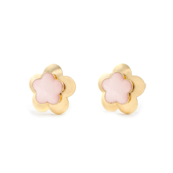 Hellrosa Emaille Blume Kinder Mädchen Ohrringe Gelbgold 9K
