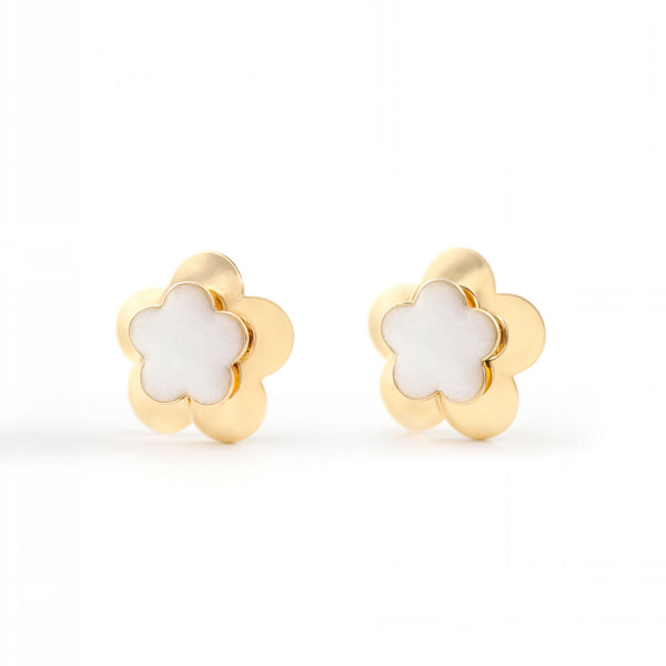 Weiße Emaille Blume Kinder Mädchen Ohrringe Gelbgold 9K