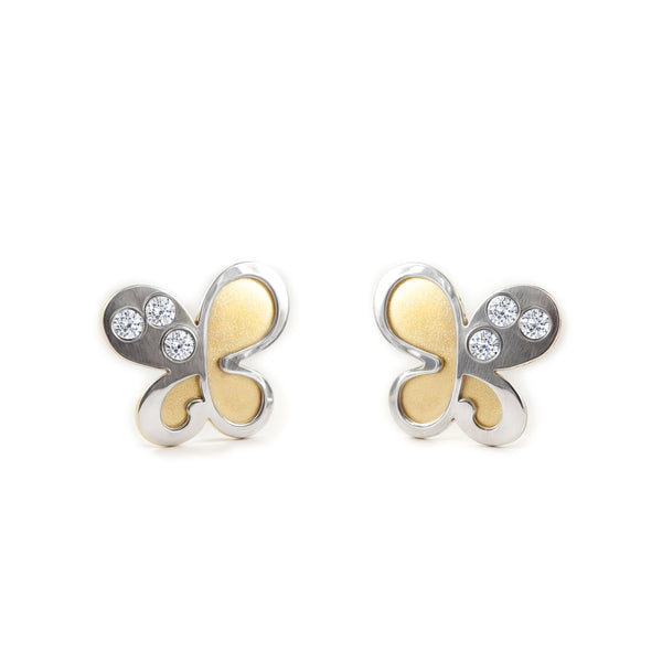 Schmetterling Zirkon Kinder Mädchen matt und glänzend Ohrringe 18K two color Gold