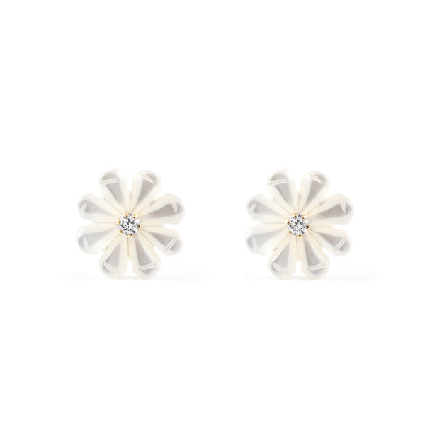 Damen & Kinder Perlmutt Blume Zirkon Ohrringe Gelbgold 18K