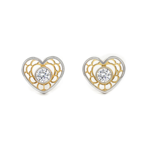 Herz Zirkon Kinder Mädchen Ohrringe 9K two color Gold