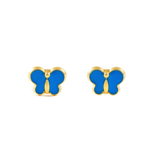 Blaue Emaille Schmetterling Kinder Baby Mädchen Ohrringe Gelbgold 9K