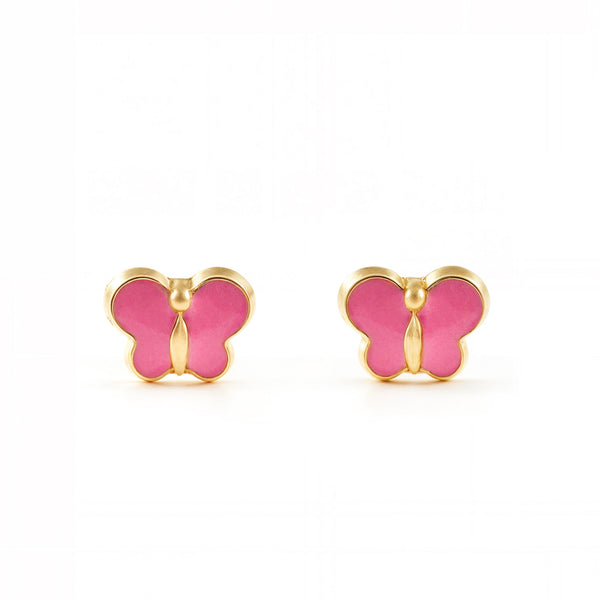 Rosa Emaille Schmetterling Kinder Baby Mädchen Ohrringe Gelbgold 9K