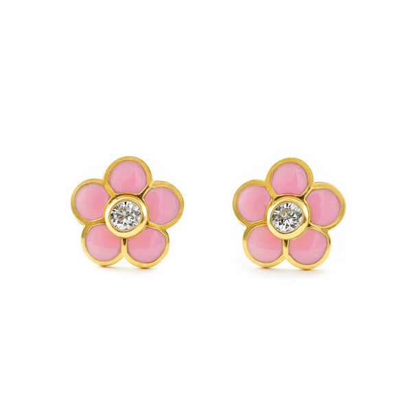Rosa Emaille Blume Zirkon Kinder Mädchen Ohrringe Gelbgold 18K