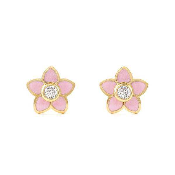 Rosa Emaille Blume Zirkon Kinder Mädchen Ohrringe Gelbgold 18K