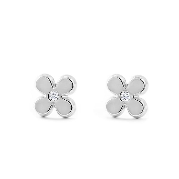 Blume Zirkon Kinder Mädchen Ohrringe Weißgold 9K