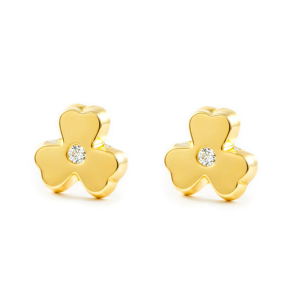 Kleeblatt Zirkon Kinder Mädchen Ohrringe Gelbgold 18K