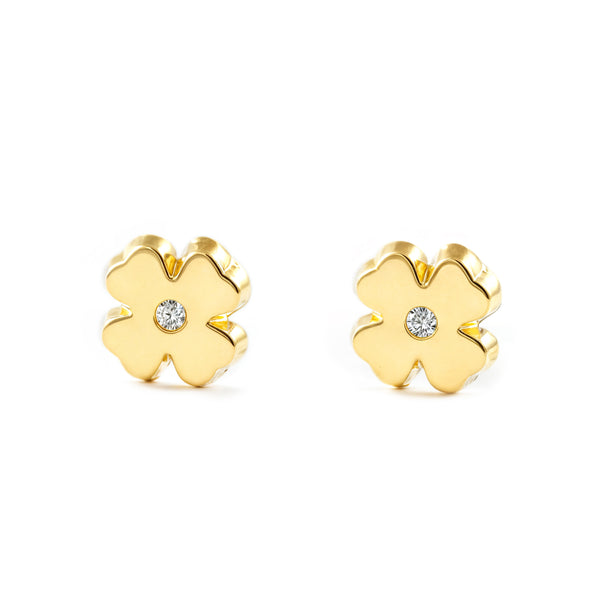 Kleeblatt Zirkon Kinder Mädchen Ohrringe Gelbgold 18K