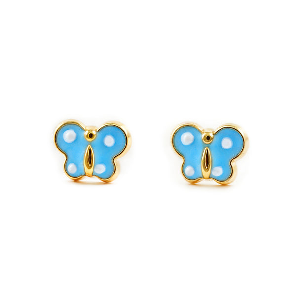 Blau-Weiße Emaille Schmetterling Kinder Baby Mädchen Ohrringe Gelbgold 9K