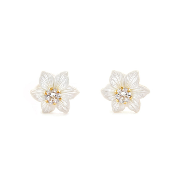 Perlmutt Blume Zirkon 2 mm Kinder Mädchen Ohrringe Gelbgold 9K